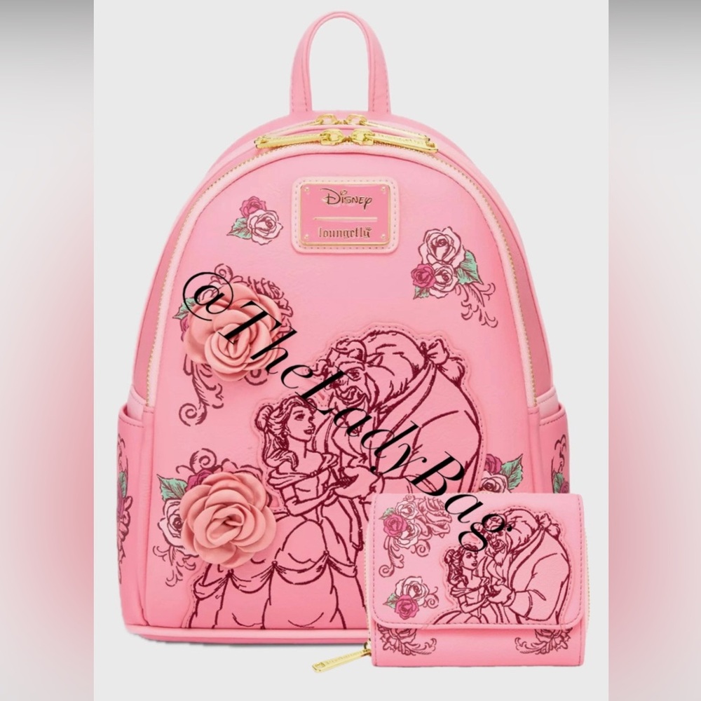 Loungefly  NWT Disney Beauty and the Beast Pink Roses Mini Backpackw/wallet